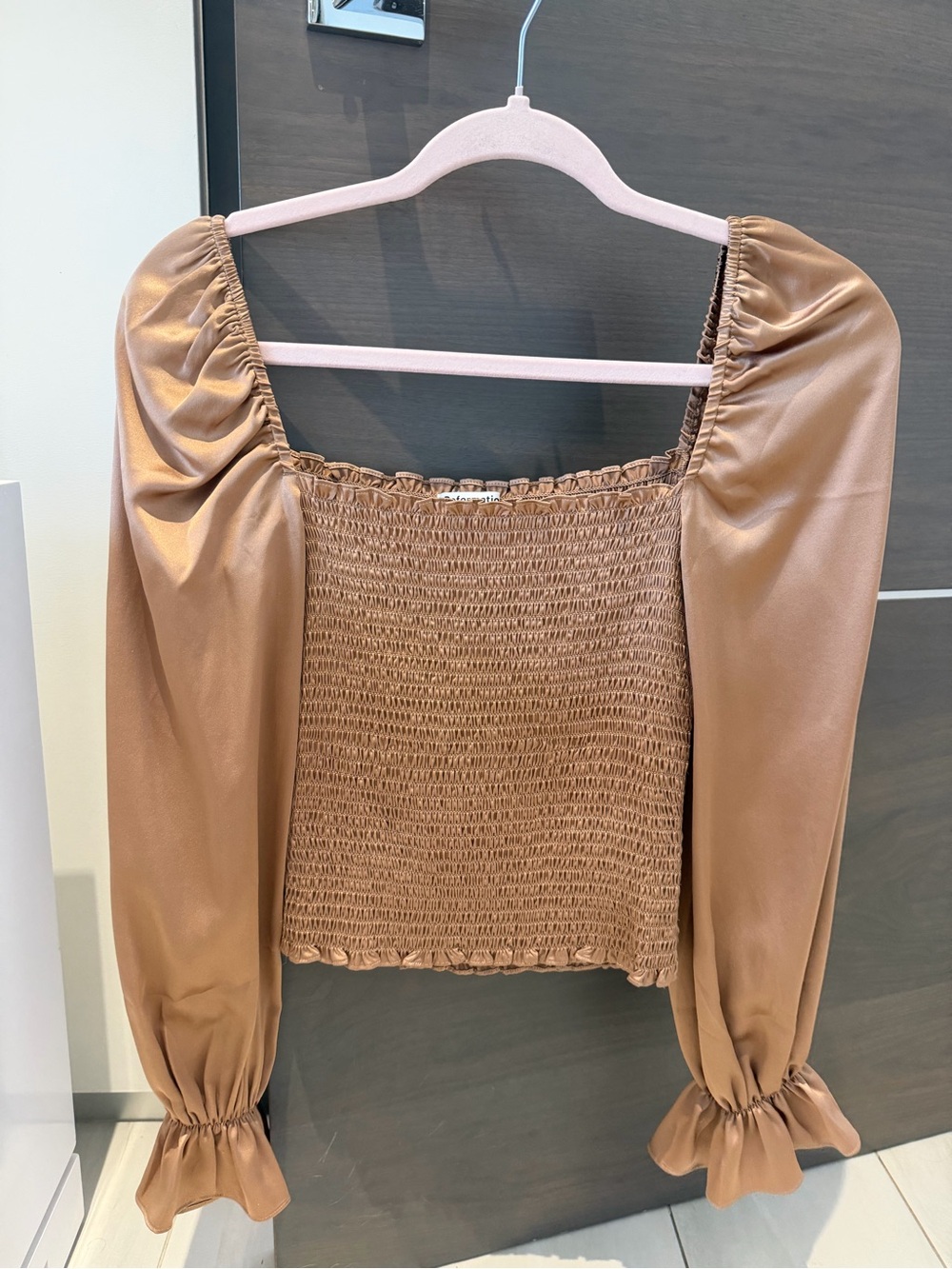 Reformation Brown Smocked Square-Neck Puff Sleeve Top